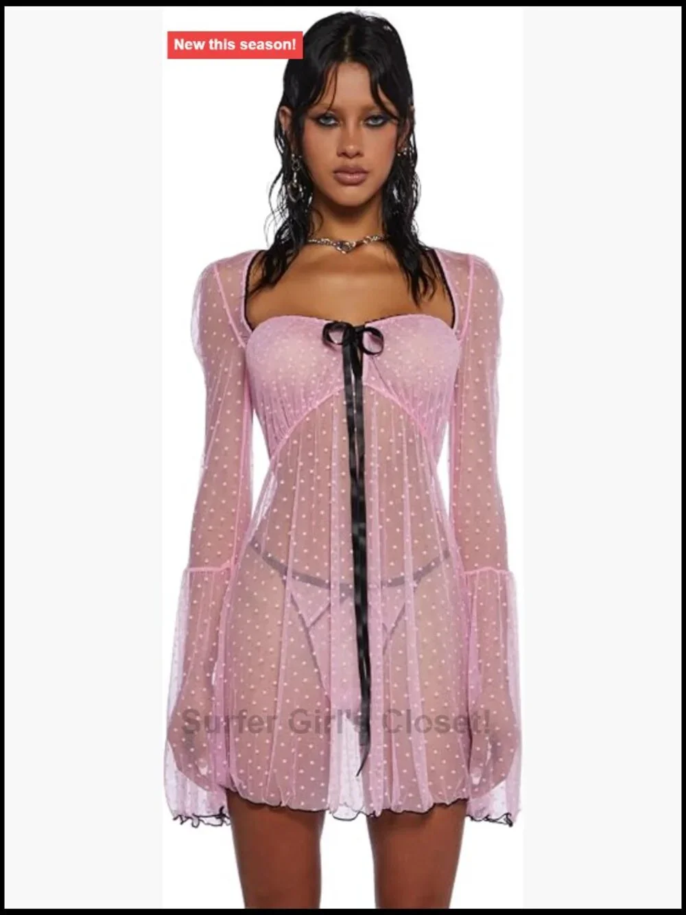 Dolls Kill Sheer Swiss Dot Chemise Set with Ribbon Closure